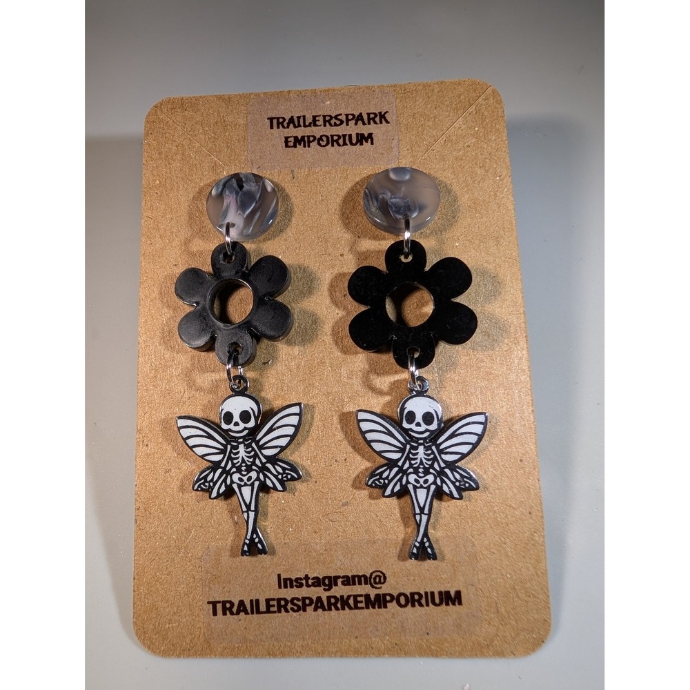 Trailerspark Emporium Skeleton Fairy Flower Drop Earrings Nickel Free Goth